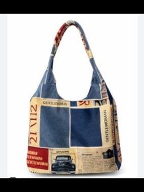 Patterned Canvas Tote Bag in Navy, Red, Cream